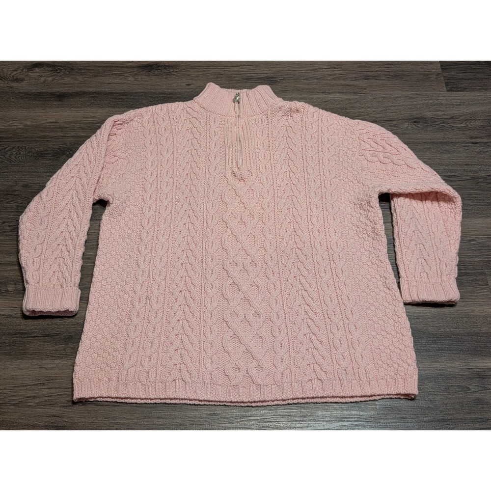 Aran Crafts Pink Cable Knit Quarter Zip Merino Wool Sweater XXL Made in Ireland